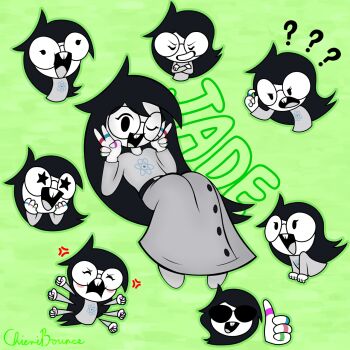 +_+ :d ;) ? anger_vein atom belt black_hair blush buck_teeth button_up_skirt character_name chieribounce colored_skin expression_chart glasses green_background grey_shirt grey_skirt highres homestuck jade_harley messy_hair one_eye_closed open_mouth pale_skin print_shirt round_eyewear shirt skirt smile string string_on_pinky sunglasses teeth v white_skin