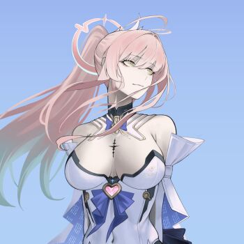 1girl absurdres aemeath_(wuthering_waves) bare_shoulders breasts breasts_apart closed_mouth commentary covered_navel hair_intakes highres ino_(kzhu5545) large_breasts leotard long_hair looking_to_the_side pink_hair ponytail smile solo strapless strapless_leotard tacet_mark_(wuthering_waves) white_leotard wuthering_waves yellow_eyes