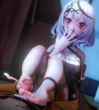 1girl 3d barefoot covering_own_mouth cum ejaculation feet footjob hand_over_own_mouth highres hololive long_hair looking_at_viewer open_mouth red_eyes sakamata_chloe silver_hair soles toes virtual_youtuber