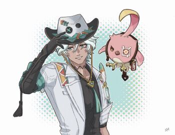 1boy bird black_gloves black_shirt cacucu_(genshin_impact) commentary_request eyepatch genshin_impact gloves hat ifa_(genshin_impact) jacket looking_at_viewer male_focus neck_tattoo parted_lips saku_(dodongagerogero) scar scar_on_face shirt short_hair short_sleeves signature tattoo white_hair white_hat white_jacket