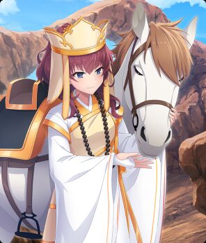 Rule 34 | 1girl, animal, animalization, bead necklace, beads, blue eyes, blue sky, blush, brown hair, closed eyes, closed mouth, cloud, cosplay, cowboy shot, day, dot nose, fingerless gloves, game cg, gloves, hat, horse, jewelry, journey to the west, konohana suzuka, necklace, official art, outdoors, petting, prayer beads, red hair, reins, robe, rock, saddle, shidou maki (toji no miko), sky, smile, stirrups (riding), tang sanzang, tang sanzang (cosplay), third-party source, toji no miko, toji no miko: kizamishi issen no tomoshibi, white gloves, white horse, white robe, wide sleeves, yellow hat, yulong (journey to the west)