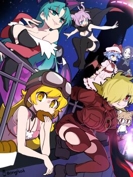 Rule 34 | 6+girls, absurdres, adventure time, arcueid brunestud, bat wings, black leotard, black thighhighs, blonde hair, blue hair, bongftah, breasts, bright pupils, character request, copyright request, crossover, darkstalkers, demon wings, donut, eating, evening, food, goggles, green eyes, green hair, hair over one eye, head wings, hellsing, highres, holding, holding donut, holding food, leotard, looking at viewer, marceline abadeer, military uniform, monogatari (series), morrigan aensland, multiple crossover, multiple girls, nanakusa nazuna (yofukashi no uta), neco-arc, neco spirit, night, oshino shinobu, red eyes, remilia scarlet, seras victoria, sky, smile, strapless, strapless leotard, thighhighs, torn clothes, torn thighhighs, touhou, tsukihime, tsukihime (remake), vampire, wings, yofukashi no uta