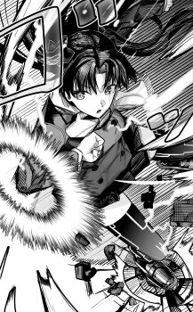 1girl :o absurdres breasts buttons clenched_hand commentary curtained_hair elbow_strike emphasis_lines fate/stay_night fate_(series) full_body greyscale ground_shatter highres lightning long_sleeves looking_to_the_side magic_circuit medium_breasts miniskirt monochrome mor_(morfowfow) motion_lines scarf sideways_glance skirt solo sweater thighhighs tohsaka_rin twintails zettai_ryouiki