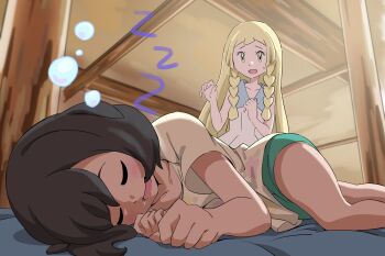 2girls bare_arms black_hair blonde_hair braid bubble ceiling closed_eyes collarbone collared_dress commentary_request dress drooling eyelashes green_eyes green_shorts highres indoors lillie_(pokemon) long_hair looking_down lying multiple_girls nintendo on_side open_mouth pokemon pokemon_sm raised_eyebrows saliva selene_(pokemon) shirt short_hair short_shorts short_sleeves shorts sleeping sleeveless sleeveless_dress sweatdrop t-shirt tongue twin_braids white_dress yellow_shirt yusuke_oshida zzz
