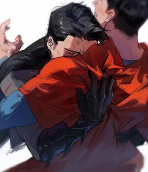 2boys batman batman_(series) black_gloves black_hair black_shirt blood blood_on_clothes blue_shirt bruce_wayne cape chinese_commentary clark_kent closed_eyes commentary_request cropped_torso dc_comics elbow_gloves gloves guanyueyingmiao084 highres hug long_sleeves male_focus multiple_boys red_cape shirt short_hair superhero_costume superman superman_(series) upper_body white_background yaoi
