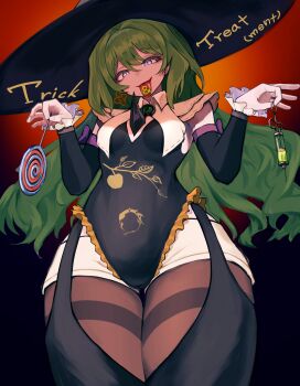 1girl absurdres black_leotard black_pantyhose breasts candy commentary_request detached_sleeves earrings food green_hair hat highres holding holding_candy holding_food holding_lollipop holding_syringe honkai_(series) honkai_impact_3rd jewelry leotard lollipop long_hair mobius_(honkai_impact) pantyhose slit_pupils small_breasts solo spikes syringe thighs tongue tongue_out two-tone_background very_long_hair white_background witch_hat yu_da_yu_da