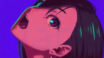 1girl abel_gongora anime_coloring anime_screenshot ayase_momo black_hair close-up dandadan eyelashes green_light hair_between_eyes head_tilt looking_at_viewer looking_to_the_side medium_hair neck official_art open_mouth portrait purple_background purple_eyes science_saru shadow simple_background solo teeth tongue
