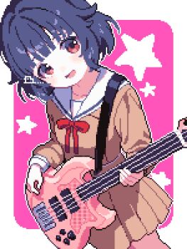 1girl :d ahiru_tokotoko artist_logo bang_dream! black_hair blunt_bangs blush_stickers border brown_serafuku brown_shirt brown_skirt commentary cowboy_shot electric_guitar guitar highres holding holding_guitar holding_instrument instrument logo long_sleeves looking_at_viewer neck_ribbon open_mouth outline outside_border pink_background pixel_art pleated_skirt red_eyes red_ribbon ribbon sailor_collar school_uniform serafuku shirt short_hair skirt smile solo star_(symbol) star_symbol_background ushigome_rimi white_border white_outline white_sailor_collar