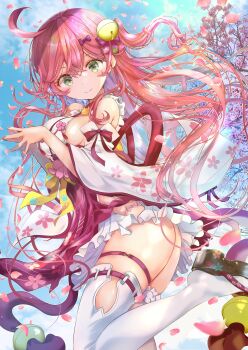 Rule 34 | 1girl, absurdres, ahoge, ass, blue sky, blush, breasts, cherry blossoms, closed mouth, cloud, commentary request, green eyes, highres, hololive, japanese clothes, kimono, large breasts, long hair, looking at viewer, ogata tei, outdoors, pink hair, sakura miko, sakura miko (1st costume), sideboob, sky, solo, thigh strap, thighhighs, virtual youtuber, white kimono, white sleeves, white thighhighs