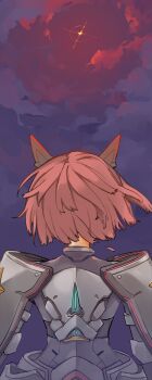 1girl absurdres armor body_armor cloud commentary_request from_behind glowing goddess_of_victory:_nikke highres hip_armor looking_up noah_(nikke) outdoors pincerpencil red_hair red_light short_hair shoulder_armor solo standing upper_body