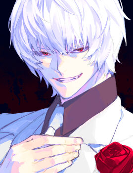 Rule 34 | 1boy, commentary request, fangs, fate/strange fake, fate (series), flower, hand on own chest, highres, jacket, jester karture, looking at viewer, male focus, necktie, open mouth, red background, red eyes, red flower, red rose, rose, shirt, short hair, smile, solo, tei4 en9, upper body, white hair