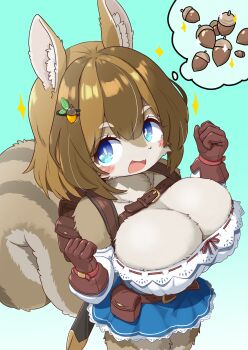 1girl acorn acorn_hair_ornament animal_ear_fluff animal_ears backpack bag belt belt_pouch blue_eyes blue_skirt breasts brown_fur brown_hair cleavage female_focus fluffy from_above furry furry_female gloves hair_ornament hairclip imagining kiori_nezumi large_breasts looking_at_viewer open_mouth original pouch scabbard sheath simple_background skirt smile solo speech_bubble squirrel_ears squirrel_girl squirrel_tail tail thought_bubble