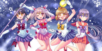 4girls ahoge akebono_(kancolle) aura back_bow bandaid bandaid_on_face bell bishoujo_senshi_sailor_moon bishoujo_senshi_sailor_moon_s black_hair blue_choker boots bow breasts brooch brown_eyes brown_hair choker circlet cosplay earrings elbow_gloves flower garnet_rod gloves hair_bell hair_between_eyes hair_flower hair_ornament heart heart_brooch highres holding holding_polearm holding_spear holding_weapon inner_senshi izumi_shara jewelry kantai_collection large_breasts long_hair multiple_girls night oboro_(kancolle) open_mouth outer_senshi polearm purple_eyes purple_hair purple_sailor_collar red_ribbon red_sailor_collar ribbon sailor_chibi_moon sailor_chibi_moon_(cosplay) sailor_collar sailor_mars sailor_mars_(cosplay) sailor_saturn sailor_saturn_(cosplay) sailor_senshi sailor_senshi_uniform sailor_uranus sailor_uranus_(cosplay) saturn_symbol sazanami_(kancolle) side_ponytail silence_glaive sky smile spear star_(sky) star_(symbol) star_choker starry_sky super_sailor_saturn ushio_(kancolle) very_long_hair weapon white_gloves