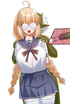 1boy 1girl absurdres aesc_(fate) aesc_(rain_witch)_(fate) ahoge arms_behind_back blue_skirt braid breasts coke-bottle_glasses colored_skin commission commissioner_upload cum ejaculation fate/grand_order fate_(series) glasses goblin green_skin hands_on_another&#039;s_shoulders highres internal_cumshot large_breasts leiva non-web_source penis pointy_ears rape restrained school_uniform skirt thighhighs tongue twin_braids uncensored