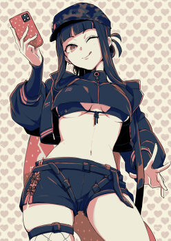 1girl :q ;) ;q artist_name asymmetrical_legwear badge baseball_cap bikini bikini_under_clothes black_bikini black_jacket black_shirt black_shorts blush breasts brown_theme button_badge camouflage camouflage_hat cellphone closed_mouth crop_top cropped_jacket cropped_shirt fate/grand_order fate_(series) fishnet_thighhighs fishnets from_below hat heart heart_background holding holding_phone instrument_case jacket long_hair long_sleeves looking_at_viewer looking_down medium_breasts mito_ryoi monochrome navel one_eye_closed phone sepia shirt short_shorts shorts sidelocks simple_background single_thighhigh smartphone smile solo spot_color swimsuit thighhighs thighs tongue tongue_out underboob yang_guifei_(event_portrait)_(fate) yang_guifei_(fate)