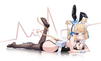 1girl absurdres animal_ears black_leotard black_thighhighs blonde_hair blush breasts cleavage detached_collar eyepatch fake_animal_ears garter_straps highres large_breasts leotard long_hair looking_at_viewer lying on_stomach original playboy_bunny rabbit_ears rabbit_tail simple_background smile solo strapless strapless_leotard tail tail_around_own_leg thighhighs wrist_cuffs yellow_eyes yuni_animal_(remyi_3)