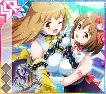 Rule 34 | 2girls, ;d, aiba reika, album cover, amane ai, anniversary, arm tattoo, asymmetrical docking, bare shoulders, blush, bow, bowtie, breast press, breasts, brown eyes, brown hair, collarbone peek, cover, detached sleeves, dot nose, dress, elbow gloves, from side, game cg, gloves, hair bow, hug, idol wars, large breasts, long hair, looking at viewer, medium breasts, multiple girls, official art, one eye closed, open mouth, print bow, print bowtie, red bow, red bowtie, screen, short hair, sleeveless, sleeveless dress, smile, sparkle, tattoo, third-party source, v, white gloves, yellow bow, yellow bowtie, yellow sleeves