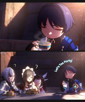 1boy 3d 3girls ? anemo_symbol_(genshin_impact) arlecchino_(genshin_impact) arm_at_side arm_rest artist_name asymmetrical_bangs black_bodysuit black_bow black_bridal_gauntlets black_collar black_eyes black_hair black_hands blue_cape blue_eyes blue_gemstone blue_kimono blue_sleeves blunt_bangs blunt_ends bodysuit bow bridal_gauntlets bright_pupils brown_hair cake cake_slice cape cherry closed_eyes closed_mouth collar colored_extremities colored_tips columbina_(genshin_impact) commentary covered_collarbone cup detached_collar dress english_commentary english_text eye_mask eyelashes eyeliner eyes_visible_through_eyewear eyeshadow facing_down feathered_wings feathers fingernails food formal_clothes fruit gem genshin_impact gloves gold gold_ring hair_ornament hair_ribbon half_gloves hand_up head_on_another&#039;s_shoulder head_wings highres holding holding_cup japanese_clothes juban kimono layered_sleeves littleredhoodd long_sidelocks looking_at_another looking_to_the_side makeup mask middle_ring multicolored_hair multiple_girls multiple_wings open_clothes open_kimono outdoors pink_hair plate pom_pom_(clothes) purple_eyes purple_hair purple_sash red_eyeliner red_eyeshadow red_gemstone ribbon sandrone_(genshin_impact) sanpaku sash scaramouche_(genshin_impact) shadow sharp_fingernails short_sleeves shoulder_peek sidelighting sidelocks smirk split_screen strapless strapless_dress streaked_hair suit sunlight swept_bangs symbol-shaped_pupils tea_party tress_ribbon wanderer_(genshin_impact) white_dress white_gloves white_hair white_headdress white_kimono white_mask white_pupils white_ribbon white_sleeves white_suit white_trim white_wings wing_hair_ornament wings wispy_bangs x-shaped_pupils yellow_feathers