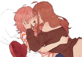 Rule 34 | 2girls, ahoge, aran sweater, blush, box, brown sweater, cable knit, closed eyes, commentary, doki doki literature club, english commentary, heart-shaped box, highres, long hair, medium hair, monika (doki doki literature club), mouth hold, multiple girls, off shoulder, orange hair, pink hair, pockiseisont, sayori (doki doki literature club), shirt, simple background, striped clothes, striped shirt, sweater, white background, yuri
