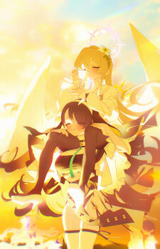 2girls ^_^ absurdres angel_wings black_hair black_pantyhose blue_archive blush bm_tol breasts carrying closed_eyes closed_mouth commentary cup drinking feathered_wings flower grey_hair hair_flower hair_ornament hairband halo highres hinata_(blue_archive) holding holding_cup large_breasts long_hair long_sleeves multiple_girls nagisa_(blue_archive) pantyhose purple_halo shoes shoulder_carry smile teacup thighhighs white_hairband white_shoes white_thighhighs white_wings wings