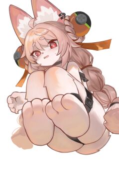 1girl animal_ear_fluff animal_ear_piercing animal_ears animal_feet barefoot belt body_fur braid commentary_request dokomon fang feet foot_focus full_body furry furry_female highres invisible_chair korean_commentary long_hair looking_at_viewer open_mouth pink_fur pink_hair rabbit_ears rabbit_girl rabbit_tail red_eyes sitting solo tail thick_eyebrows thigh_belt thigh_strap toes twin_braids variant_set zenless_zone_zero zhao_(zenless_zone_zero)