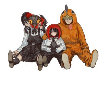 1boy absurdres black_hair black_necktie black_pants braid braided_ponytail business_suit chainsaw chainsaw_man collared_shirt cosplay denji_(chainsaw_man) formal_clothes fourth_east_high_school_uniform hair_between_eyes hand_on_another&#039;s_shoulder highres long_hair looking_at_viewer makima_(chainsaw_man) makima_(chainsaw_man)_(cosplay) mitaka_asa mossacannibalis nayuta_(chainsaw_man) necktie open_mouth pants pochita_(chainsaw_man) pochita_(chainsaw_man)_(cosplay) pull_cord red_hair ringed_eyes school_uniform sharp_teeth shirt shirt_tucked_in short_hair simple_background sitting smile suit teeth war_devil_(chainsaw_man) white_background white_shirt yellow_eyes