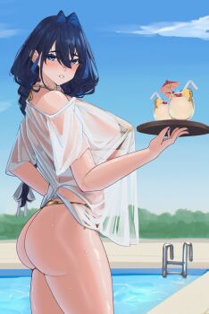 1girl absurdres alternate_costume ass bare_shoulders bikini blue-tinted_eyewear blue_eyes blue_hair blue_nails blue_sky braid breasts breasts_squeezed_together cleavage collarbone eipanguino embroidered_dress eyewear_on_head from_side gold_bikini golden_week hair_intakes highres hololive hololive_english huge_breasts large_breasts long_hair looking_at_viewer low_twin_braids navel nervous_sweating official_alternate_hairstyle ouro_kronii pool pool_ladder poolside satin_bikini see-through_cleavage see-through_clothes see-through_shirt see-through_sleeves shiny_swimsuit shirt simple_background sky solo stomach sunglasses sweat swimsuit thick_thighs thighs tinted_eyewear tray twin_braids virtual_youtuber water