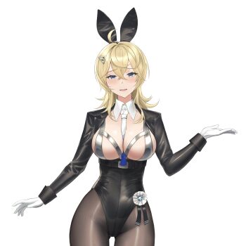 1girl ahoge animal_ears between_breasts black_leotard black_pantyhose black_sleeves blonde_hair blue_eyes blue_necktie blush breasts cleavage collar cowboy_shot crossed_bangs detached_collar detached_sleeves double-parted_bangs fake_animal_ears gloves gluteal_fold gradient_necktie hair_between_eyes hair_ornament hairclip highleg highleg_leotard highres kantai_collection large_breasts leotard looking_at_viewer medium_hair necktie necktie_between_breasts odachu open_mouth pantyhose playboy_bunny rabbit_ears simple_background solo tuscaloosa_(kancolle) white_background white_gloves white_necktie