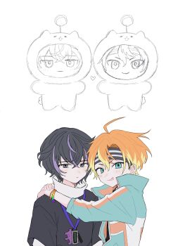 18trip 2boys ahoge black_eyes black_hair black_shirt blonde_hair blue_eyes blue_jacket blush bracelet chibi closed_mouth flat_color hair_between_eyes headband heart highres isotake_akuta jacket jewelry kinugawa_kiroku looking_at_viewer male_focus multicolored_hair multiple_boys orange_hair purple_hair sebon_(sebochin) shirt short-sleeved_jacket short_hair short_sleeves simple_background smile streaked_hair tongue tongue_out two-tone_hair white_background yaoi