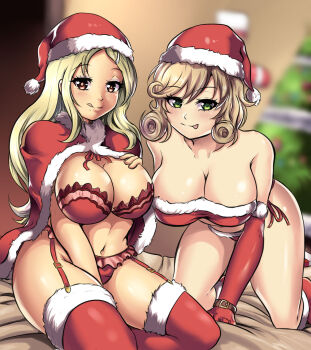 2girls :p :q bikini blonde_hair bra breasts brown_hair cape christmas christmas_tree green_eyes haruka_(senran_kagura) hat large_breasts leonart lingerie long_hair looking_at_viewer medium_hair multiple_girls panties santa_hat senran_kagura shiki_(senran_kagura) sitting swimsuit tongue tongue_out underwear