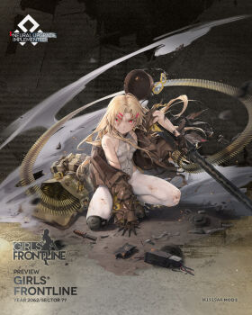 1girl ammunition ammunition_belt ankle_boots as109 backpack bag bare_shoulders black_choker black_gloves blonde_hair boots broken broken_goggles broken_weapon brown_bag brown_boots brown_coat brown_headwear browning_m1919 buckle character_name choker coat commentary copyright_name debris dirt embers english_commentary exposed_muscle frown full_body fully_powered_cartridge girls'_frontline gloves goggles grey_leotard gun hair_ornament hairclip hand_on_ground helmet highres holding holding_gun holding_weapon knee_pads knife leotard long_hair long_sleeves looking_at_viewer m1919a4_(girls'_frontline) m1919a4_(mod3)_(girls'_frontline) machine machine_gun mechabare medium_machine_gun no_pants off_shoulder official_alternate_costume official_art pantyhose parted_bangs partially_unzipped pouch red_eyes rifle_cartridge second-party_source single_knee_pad smoke snap-fit_buckle solo squatting torn_clothes torn_coat torn_pantyhose two-sided_coat two-sided_fabric unworn_headwear unworn_helmet weapon wheel white_pantyhose wire yellow-framed_eyewear zipper zipper_leotard zipper_pull_tab