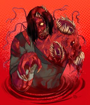 Rule 34 | 1boy, bad end, bandaged arm, bandages, black hair, bloodshot eyes, body horror, chest mouth, claws, corruption, empty eyes, exposed teeth, extra mouth, extra teeth, grey shirt, hair over one eye, hand up, head tilt, highres, iron lung (movie), male focus, medium hair, monster, open mouth, partially submerged, ripples, severed arm, severed limb, shirt, simon (iron lung), solo, spunketpunk, tendril, torn clothes, torn shirt