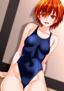 1girl blue_one-piece_swimsuit brown_eyes commission competition_swimsuit dutch_angle engo_(aquawatery) highleg highleg_one-piece_swimsuit highres one-piece_swimsuit open_mouth orange_hair original pixiv_commission short_hair sitting smile solo swimsuit