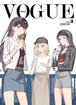 Rule 34 | 3girls, absurdres, artist request, bang dream!, bang dream! it's mygo!!!!!, belt, black belt, black choker, black hair, black jacket, black shirt, blonde hair, blue eyes, blue skirt, breasts, brown belt, brown skirt, chinese commentary, choker, commentary request, commission, cover, crepe, dango, eating, fake magazine cover, food, food on face, grey skirt, highres, holding, holding crepe, holding food, jacket, jewelry, long hair, magazine cover, medium breasts, medium hair, misumi uika, multiple girls, necklace, o-ring, o-ring choker, purple eyes, red shirt, sanshoku dango, second-party source, shiina taki, shirt, skirt, vogue (magazine), wagashi, white jacket, white shirt, yahata umiri