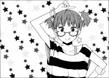 arm_cuffs bracelet chapter_cover diagonal-striped_shirt earrings greyscale hand_on_own_head hand_on_own_hip highres jewelry k-on! k-on!_high_school kakifly lipstick looking_at_viewer makeup monochrome non-web_source official_art oversized_clothes oversized_shirt scan shirt short_sleeves short_twintails solo star_(symbol) star_earrings star_symbol_background suzuki_jun tongue tongue_out twintails upper_body