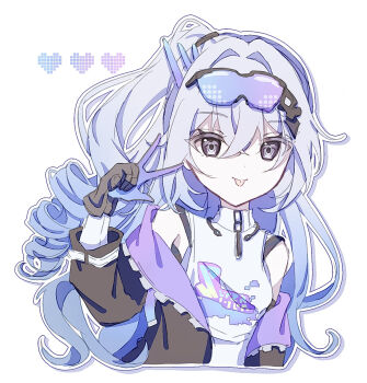 1girl :p bare_shoulders black_jacket blue_hair commentary_request gloves gradient_hair grey_eyes grey_hair hair_intakes hand_up highres honkai:_star_rail honkai_(series) jacket long_hair long_sleeves looking_at_viewer mi_(ux_xu_21) multicolored_hair open_clothes open_jacket shirt silver_wolf_(honkai:_star_rail) simple_background sleeveless sleeveless_shirt smile solo tongue tongue_out upper_body very_long_hair w white_background white_shirt