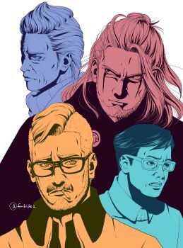 Rule 34 | 4boys, ao (naruto), beard, boruto: naruto next generations, cigarette, cloak, commentary request, facial hair, facial mark, glasses, hair bun, highres, jacket, kashin koji (boruto), limited palette, male focus, matsu (fu6ide2), mature male, multiple boys, naruto (series), open mouth, sanzu amado, single hair bun, smoking, toono katasuke, twitter username, undercut