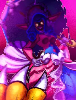 agumon black_sclera blue_hair colored_sclera digimon digimon_(creature) hat horns lamia lamiamon letsseecapri long_hair monster_girl ribbon yellow_eyes