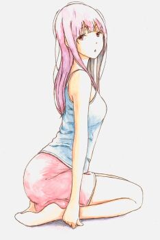 1girl :o absurdres alternate_costume ass bare_shoulders barefoot bbmasa blue_background blue_camisole blunt_bangs camisole commentary_request from_side full_body gradient_background hibike!_euphonium highres liz_to_aoi_tori long_hair looking_at_viewer purple_hair red_eyes red_shorts seiza shorts sitting solo traditional_media yoroizuka_mizore