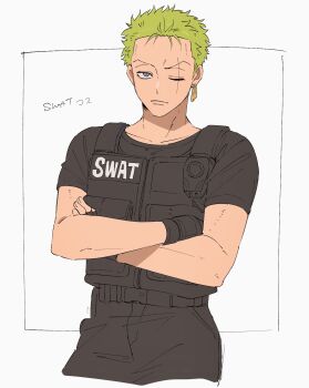Rule 34 | 1boy, black gloves, black shirt, closed mouth, cowboy shot, cropped legs, crossed arms, earrings, gloves, green hair, highres, hnyktrqof111889, jewelry, male focus, multiple earrings, one eye closed, one piece, police, police uniform, roronoa zoro, s.w.a.t., scar, scar across eye, scar on face, shirt, short hair, short sleeves, simple background, solo