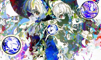 2girls abstract abstract_background colorful commentary english_commentary hat highres kevin_adi multiple_girls one_eye_covered original red_eyes symbol-shaped_pupils white_hair wizard_hat