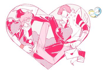 2boys arm_strap arm_up black_pants black_shirt blush boots box candy cheek-to-cheek chocolate chocolate_bar closed_eyes coat commentary denim duel_monster ear_blush embarrassed envelope food full_body heads_together heart holding holding_heart horns in_container jeans jewelry jonouchi_katsuya kaiba_seto key key_necklace knee_up kneeling letter looking_at_another love_letter male_focus monochrome multiple_boys necklace nose_blush pants pink_theme polka_dot scapegoat shirt shoes short_hair simple_background sleeveless sleeveless_coat smile smirk sneakers spread_legs stuck_in_a_box symbol-only_commentary t-shirt valentine white_background white_coat wristband yaoi yitiaodahe71 yu-gi-oh! yu-gi-oh!_duel_monsters