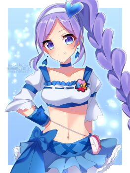 1girl aono_miki artist_name blue_background blue_choker blue_eyes blue_shirt blue_skirt blue_wrist_cuffs breasts choker closed_mouth clover_brooch collarbone commentary_request cowboy_shot crop_top cure_berry earrings fresh_precure! hair_ornament hairband hand_on_own_hip heart heart_earrings heart_hair_ornament jewelry long_hair looking_at_viewer magical_girl midriff myarikuru navel parted_bangs precure purple_hair shirt short_sleeves side_ponytail sidelocks skirt small_breasts smile solo standing very_long_hair waist_bag wrist_cuffs