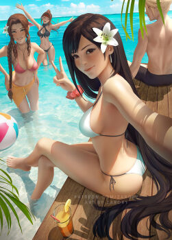 1boy 3girls aerith_gainsborough alternate_costume armpits artist_name ass asymmetrical_bangs ball barefoot beachball bikini black_bikini black_eyes black_hair black_male_swimwear black_shorts black_swim_trunks blonde_hair braid braided_ponytail breasts choker cleavage closed_eyes cloud cloud_strife cloudy_sky costa_del_sol cup dock drinking_straw earrings english_text facing_away facing_viewer final_fantasy final_fantasy_vii final_fantasy_vii_remake flower food fruit green_eyes hair_flower hair_ornament hair_over_shoulder hair_ribbon halterneck hands_on_own_hips headband highres jessie_rasberry jewelry long_hair looking_at_viewer male_swimwear medium_breasts multiple_girls navel ocean open_mouth orange_(fruit) orange_slice outdoors outstretched_arms palm_tree parted_bangs partially_submerged patreon_username pink_bikini pink_ribbon ponytail red_headband ribbon sash scrunchie selfie short_hair shorts side-tie_bikini_bottom sidelocks sitting sky smile spiked_hair square_enix string_bikini swim_trunks swimsuit teeth tifa_lockhart topless_male tree upper_teeth_only v wading waist_sash wavy_hair white_bikini white_flower wrist_scrunchie zarory