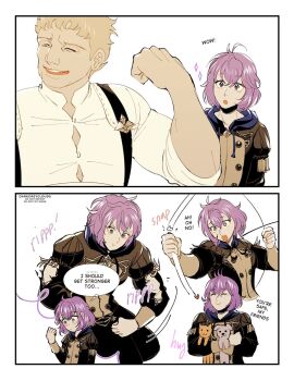 1boy 1girl bernadetta_von_varley blonde_hair bow_(weapon) cat closed_eyes comic darkgreyclouds dog english_text fire_emblem fire_emblem:_three_houses garreg_mach_monastery_uniform grey_eyes highres holding holding_bow_(weapon) holding_weapon hood hood_down imagining long_sleeves muscular muscular_female nintendo open_mouth purple_hair raphael_kirsten short_hair short_sleeves torn_clothes weapon