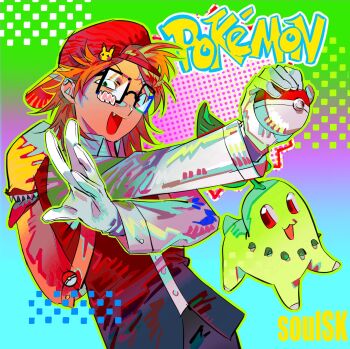 1boy backpack backwards_hat bag baseball_cap black_eyes chikorita cowboy_shot fang gen_2_pokemon glasses gloves hashtag-only_commentary hat highres holding holding_poke_ball looking_at_viewer male_focus nintendo orange_hair poke_ball pokemon pokemon_(creature) randal&#039;s_friends randal_ivory short_hair soulsk white_gloves