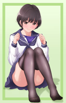 1girl akippoi_0919 black_hair black_neckerchief black_sailor_collar black_skirt black_thighhighs bow bow_panties censored closed_mouth commentary_request convenient_censoring full_body hands_up highres holding holding_panties holding_underwear holding_unworn_clothes knees_up long_sleeves looking_at_viewer miniskirt mosaic_censoring neckerchief no_panties no_shoes original panties pleated_skirt presenting_removed_panties purple_panties raised_inner_eyebrows sailor_collar school_uniform serafuku shirt short_hair sitting skirt smile solo string_panties thighhighs toe_seam underwear unworn_panties variant_set white_shirt wispy_bangs