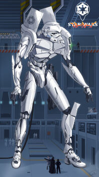 2boys 6+others arseniy_sanarov black_cape black_eyes black_footwear boots cape darth_vader evangelion_(mecha) fusion galactic_empire_(star_wars) grey_headwear grey_jacket grey_pants hands_on_own_hips hangar hat helmet highres imperial_gunner jacket logo_parody mecha mecha_focus mechanization multiple_boys multiple_others neon_genesis_evangelion pants robot science_fiction star_wars stormtrooper tie_pilot