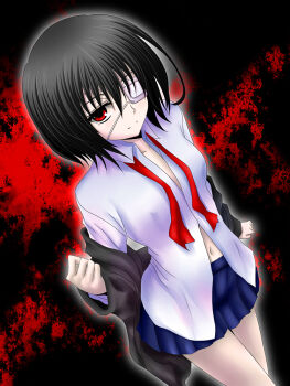 1girl another black_hair black_jacket blue_skirt closed_mouth commentary_request covered_erect_nipples eyepatch jacket looking_at_viewer medical_eyepatch misaki_mei navel one_eye_covered pleated_skirt red_eyes school_uniform shirt short_hair skirt smile solo undressing watarui white_shirt yomiyama_north_junior_high_school_uniform