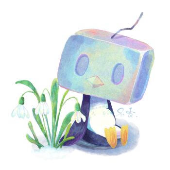 beak bird blue_eyes eiscue eiscue_(ice) flower fukyo gen_8_pokemon highres ice ice_cube nintendo no_humans penguin pokemon pokemon_(creature) pokemon_focus sitting webbed_feet white_background white_flower wings